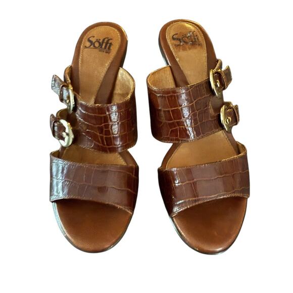SOFFT Sandals Zane Brown Leather Faux Croc Print Heels Double Adj Straps 8M - Picture 1 of 8